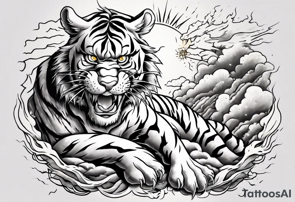 Tiger with lightning and the sun in the background for a sleeve tattoo tattoo idea