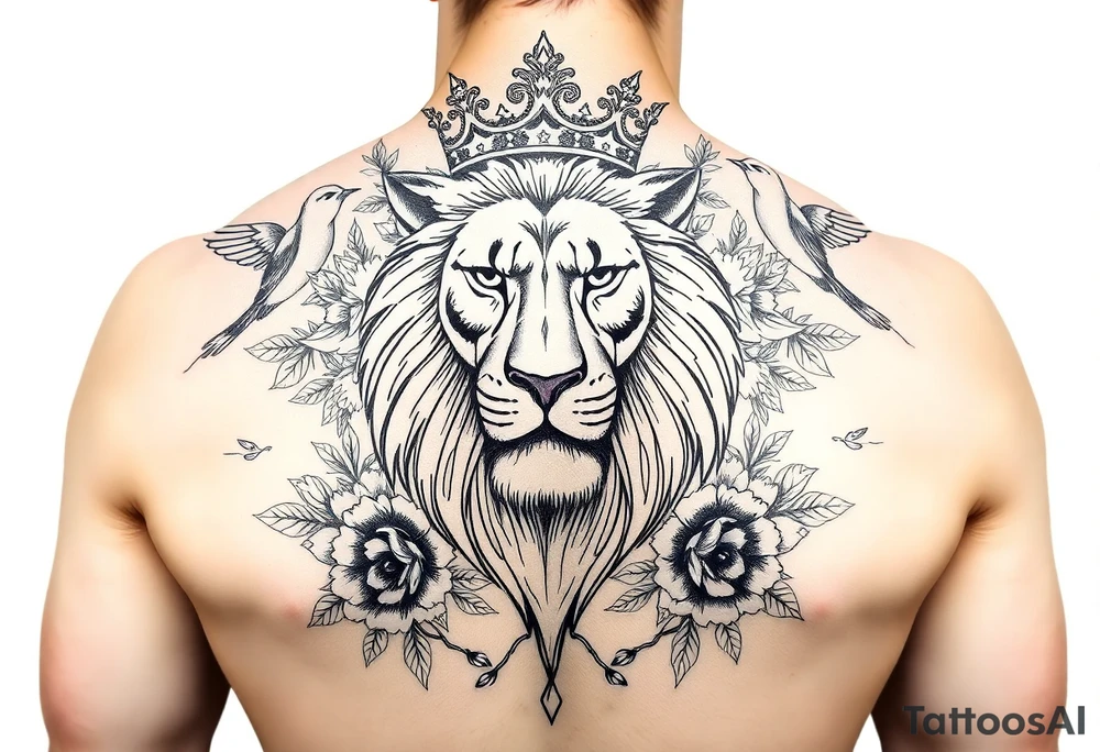 powerful majestic lion with a crown, surrounded by floral ornaments and birds tattoo idea