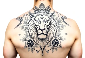 powerful majestic lion with a crown, surrounded by floral ornaments and birds tattoo idea