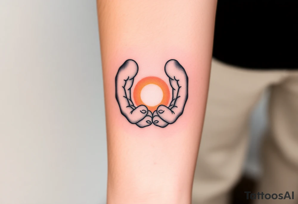 Two hands carefully holding a glowing orb of light, soft realistic shading, warm light radiating from the orb, black and gray tattoo style.” tattoo idea