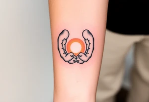 Two hands carefully holding a glowing orb of light, soft realistic shading, warm light radiating from the orb, black and gray tattoo style.” tattoo idea