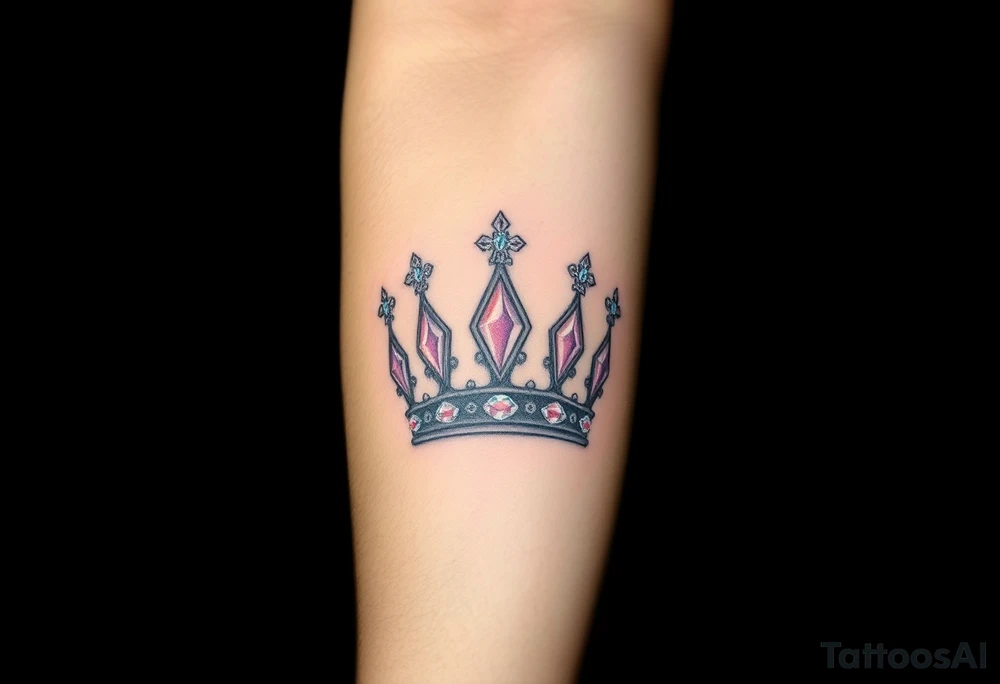 A crown with diamond details on the points, set against a dark velvet background, with the diamonds reflecting soft pastel hues of pink and purple, symbolizing royalty and luxury tattoo idea