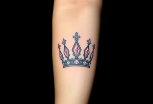 A crown with diamond details on the points, set against a dark velvet background, with the diamonds reflecting soft pastel hues of pink and purple, symbolizing royalty and luxury tattoo idea