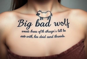 Big bad wolf nursery rhyme wearing a sheep costume with sheep head hood to kill and eat the three little pigs and little red riding hood in the woods tattoo idea