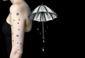 An umbrella with snowflakes falling on it and then cascading down the bottom of the umbrella with rain drops tattoo idea