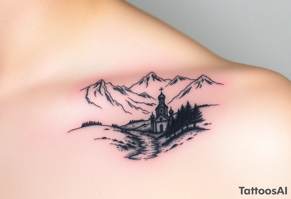 Mountainous valley with creek and a few trees with a Russian orthodox kazan scene tattoo idea