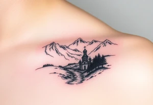 Mountainous valley with creek and a few trees with a Russian orthodox kazan scene tattoo idea