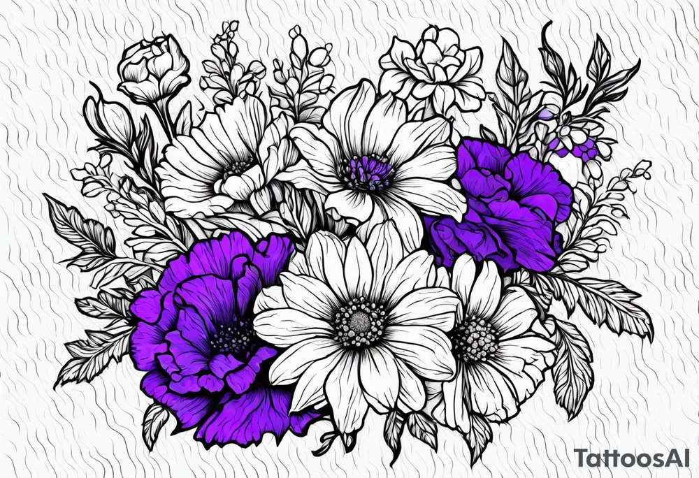 Floral bouquet with one larkspur, one carnation, one violet and one daisy tattoo idea