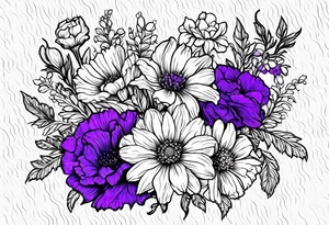 Floral bouquet with one larkspur, one carnation, one violet and one daisy tattoo idea