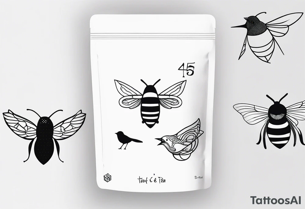 Tea bag with 757 on it, three fine line whimsical birds and a bumble bee tattoo idea