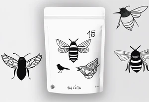 Tea bag with 757 on it, three fine line whimsical birds and a bumble bee tattoo idea