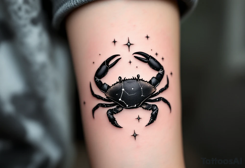 A black crab climbs along the Cancer constellation, outlined in tiny silver dots. tattoo idea