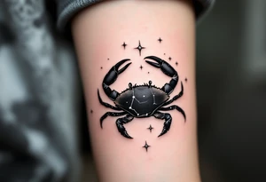 A black crab climbs along the Cancer constellation, outlined in tiny silver dots. tattoo idea