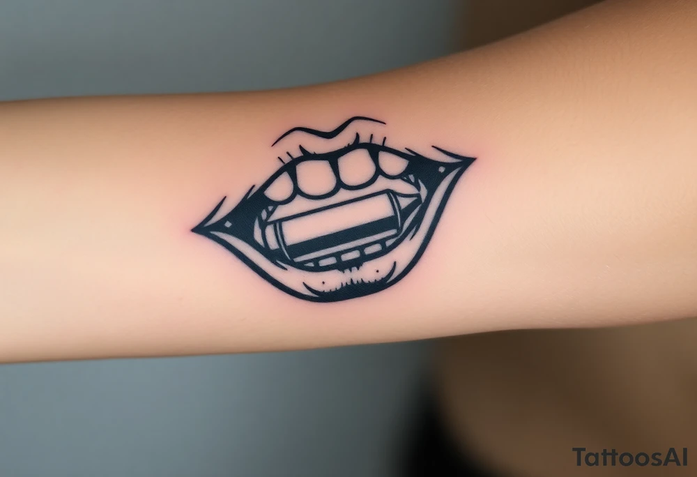 A set of lips snarling with 50cal round between teeth tattoo idea