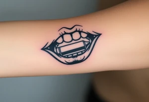 A set of lips snarling with 50cal round between teeth tattoo idea