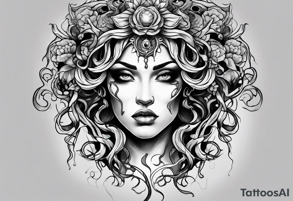 medusa tattoo with cracks in her face and blood oozing out her eyes tattoo idea