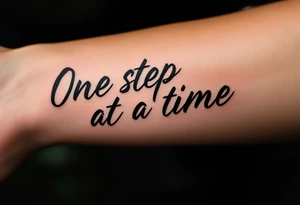 “One step at a time” in warm brown handwritten font with footprint silhouettes fading in earthy tones. tattoo idea
