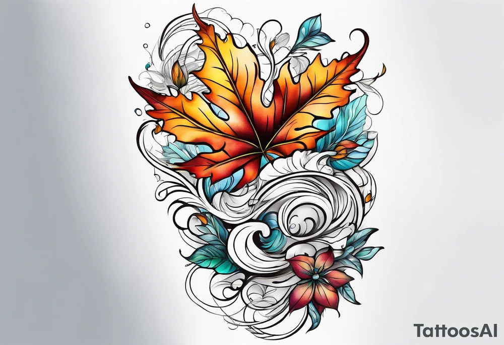 thigh tattoo with fall colors showing leaves, flowers, water flow and sky tattoo idea