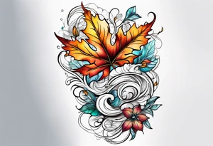 thigh tattoo with fall colors showing leaves, flowers, water flow and sky tattoo idea