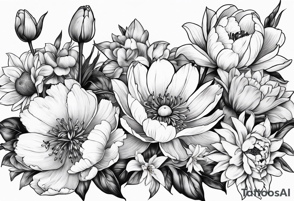 Peony, tulip, sunflower, cherry blossom and Lily bouquet tattoo idea