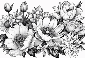Peony, tulip, sunflower, cherry blossom and Lily bouquet tattoo idea