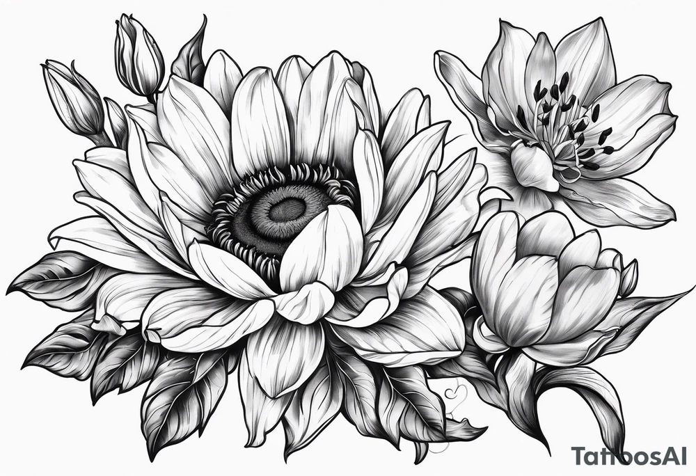 Floral design One each of sunflower, lily, peony, cherry blossom and tulip tattoo idea