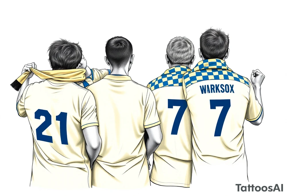4 soccer fans from their backs, wearing yellow blue shirts. the second one from left having a kid on his shoulders and he's wearing the number 21 on his shirt. 
the kid is rising a scarf.
the right one is older, more fat and shorter and wearing an shirt with the number 7 on it and has on his shoulders line like adidas
the left on has a yellow-blue Checkered on his shirt and he's holding a yellow-blue scarf in his right hand
make some space between the men tattoo idea
