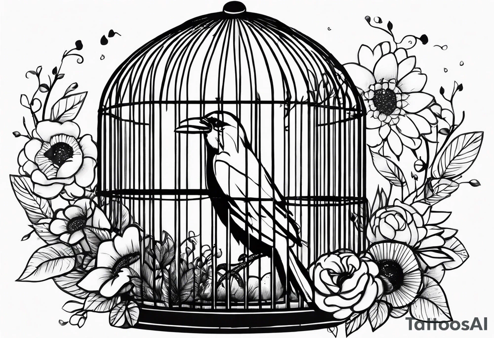 big bird in a long but too small cage as in the song ''big bird in a small cage'' from patrick watson. the wings of the bird passing threw the bars of the cage.
 Add decoration outside the cage like flowers or foliage tattoo idea