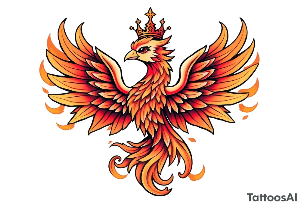 cute powerful majestic Phoenix with crown, surrounded by flames tattoo idea
