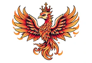 cute powerful majestic Phoenix with crown, surrounded by flames tattoo idea