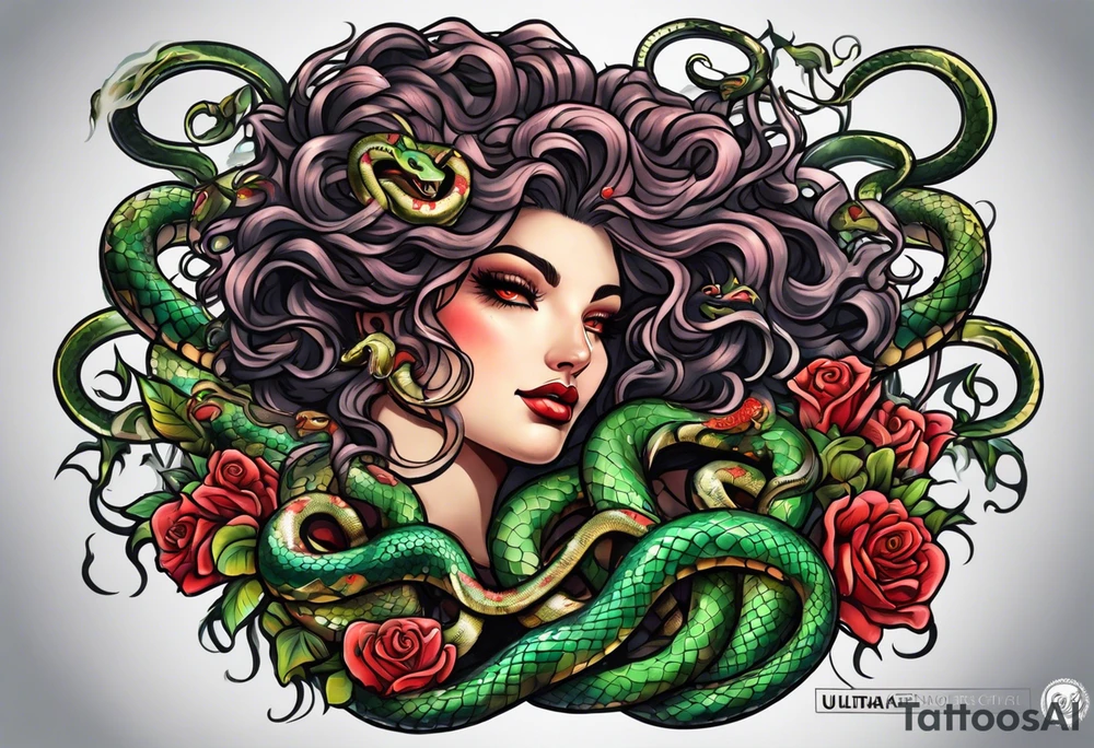 Neo traditional Medusa heads with snakes eating man's heart tattoo idea