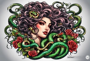 Neo traditional Medusa heads with snakes eating man's heart tattoo idea