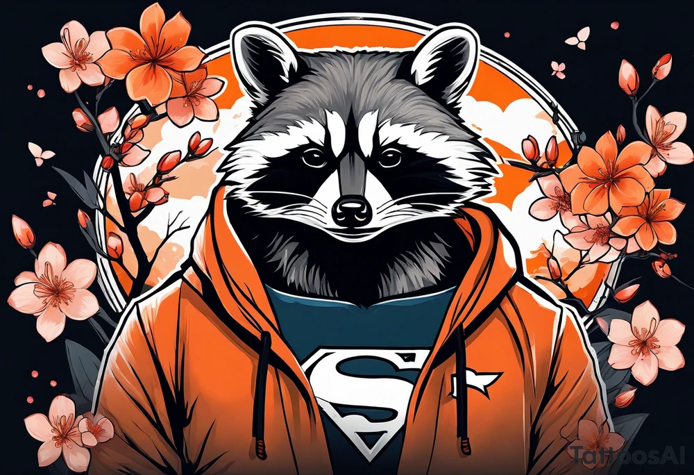 Raccoon wearing a white Superman logo on a black hoodie and orange Japanese cherry blossoms beside tattoo idea