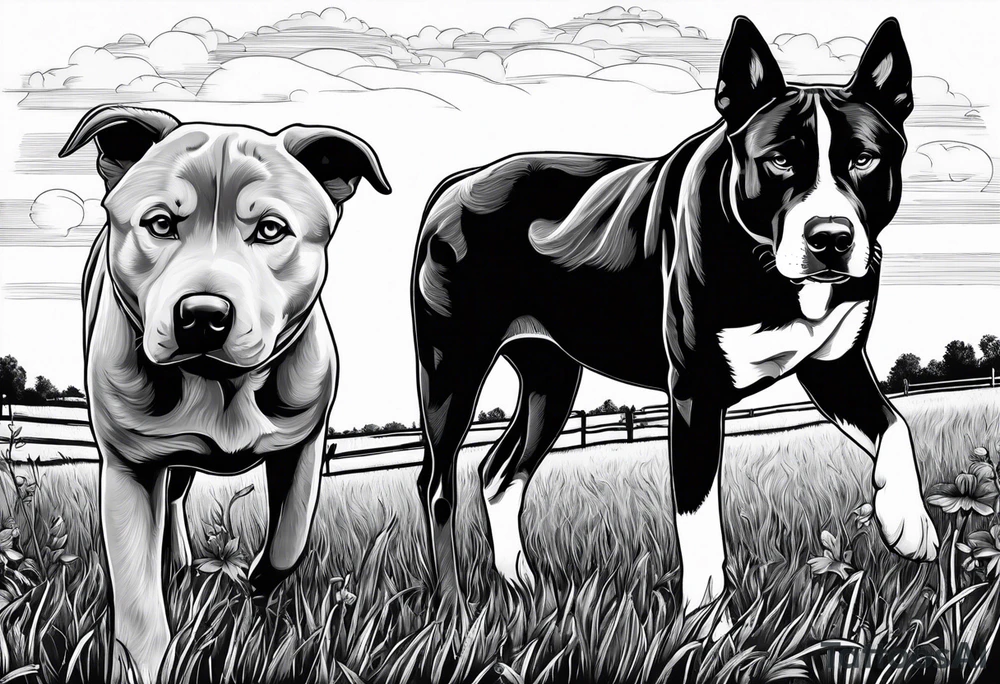 husky and pitbull looking at cows in cow pasture tattoo idea