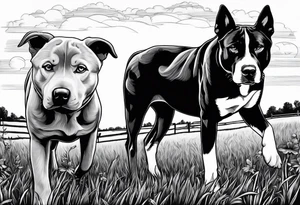 husky and pitbull looking at cows in cow pasture tattoo idea