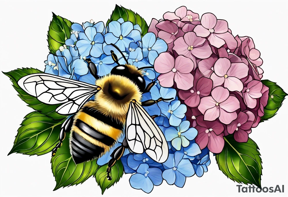 Small tattoo. There’s a hydrangea and a bee but they are not touching. Make the bee smaller than the hydrangea and have the bee off to the side. Bee is smaller than the hydrangea tattoo idea