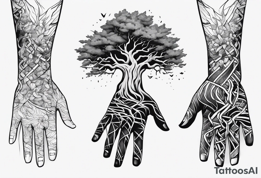 tattoo fool sleeve, tree roots break out of the chains at the bottom of the hand tattoo idea