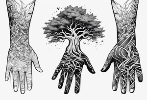 tattoo fool sleeve, tree roots break out of the chains at the bottom of the hand tattoo idea