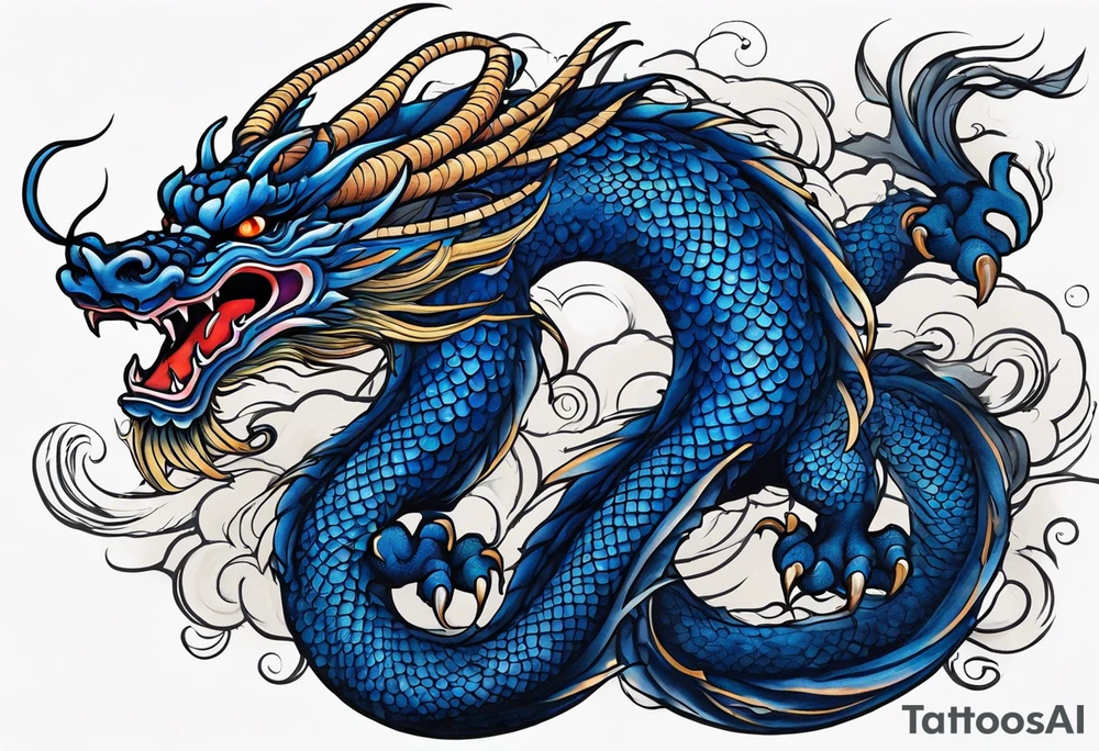 An epic floating asian dragon. Its long body coiling dynamically, with scales and horns detailed to create a sense of movement and strength. The dragon's main color is midnight blue, giving a vibrant depth and a mystical aura. This tattoo highlights the dragon’s fierce expression and sharp claws. tattoo idea