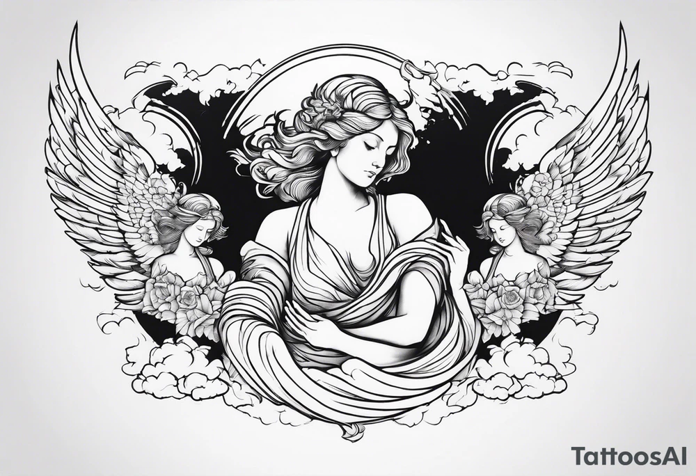 one big angel with 3 angels flying in the back with shading and clouds tattoo idea