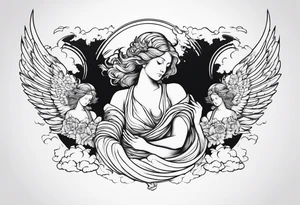 one big angel with 3 angels flying in the back with shading and clouds tattoo idea