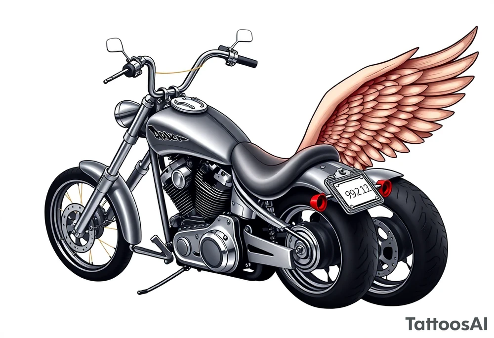 Low rider grey motorcycle, big muffler pipes with flames, angel wings, driving away, no person tattoo idea