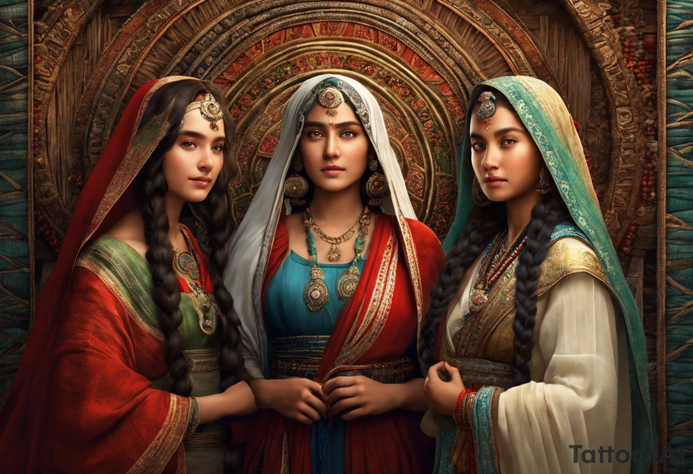 3 female people standing next to each other. The one on the left is a young girl, the one in the middle is a mature woman, the one on the right is a very old woman. They are looking forward.
There are 3 weavers. They symbolize the moirs, old goddesses of destiny. tattoo idea