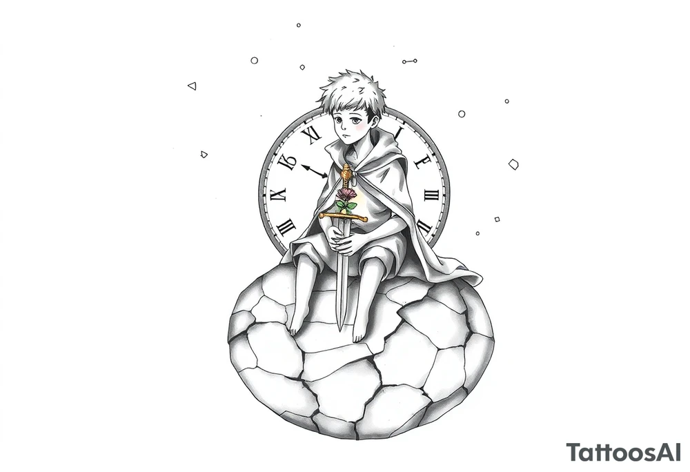 A reimagined masculine version of The Little Prince sitting on a cracked, floating planet. He has a calm, contemplative expression, wearing a slightly worn cloak with geometric markings. Behind him floats a broken clock with exposed gears, representing anxiety and overthinking. Instead of a rose, a flower wraps around a sword stuck into the ground—symbolizing love and emotional struggle. A glowing star burns in his chest, symbolizing inner strength and controlled passion. Around him are small floating fragments, like puzzle pieces or mechanical parts—representing deep thought and attention to detail. The sky shows incomplete constellations, symbolizing the search for connection and meaning. Style: fine line with surrealist touches, black and grey, minimalist shading. tattoo idea