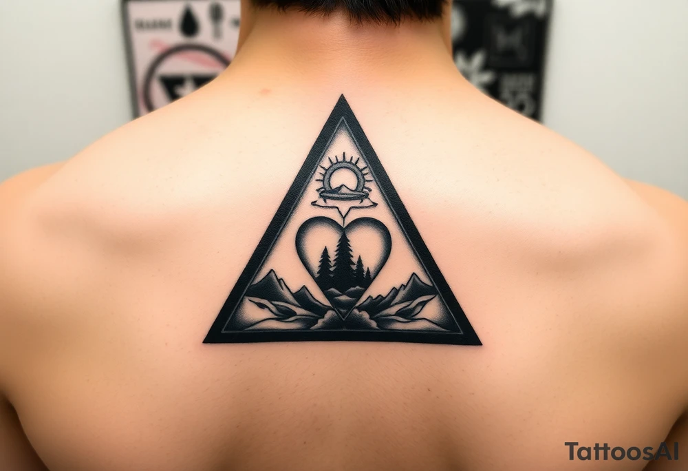 A triangle with a heart over the middle of the center and nature scene in background tattoo idea