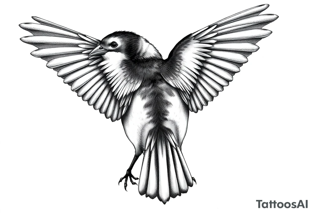 view of a tufted titmouse from behind. the bird should be diving with its wings fully forward. the bird should be looking straight forward tattoo idea