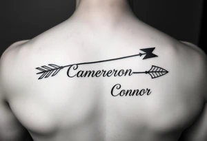 1 fancy feminine arrow that incorporates the name Cameron and another feminine arrow that incorporates the name Connor tattoo idea