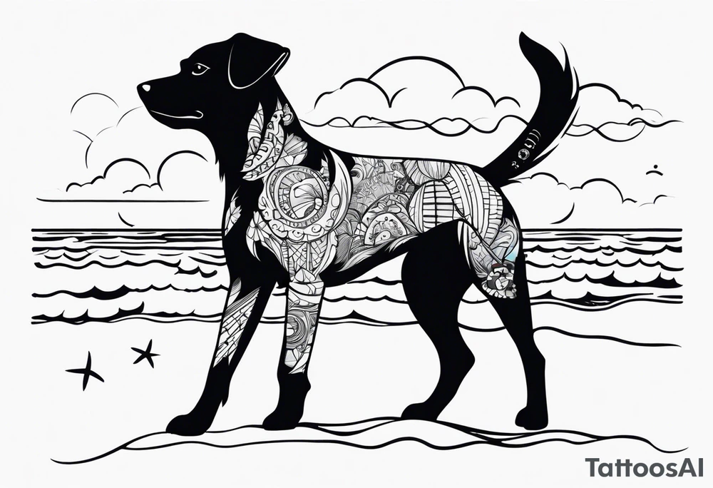 dog playing on the beach tattoo idea