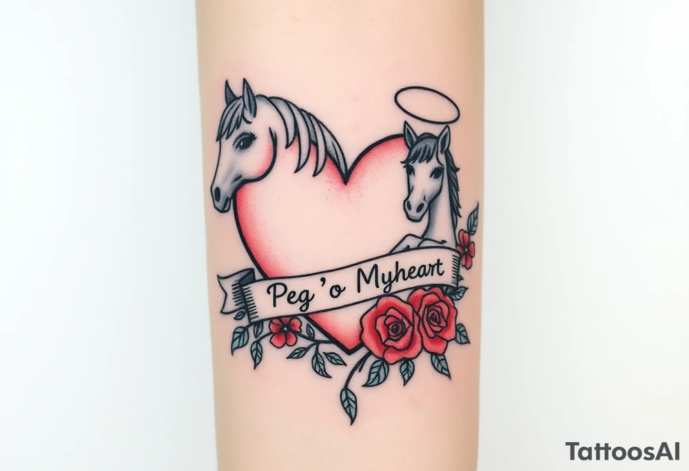 a big pale pink heart and a mare with wings and a halo and a colt with a bunch of green shamrocks, and red roses with a banner across the heart that says Peg 'o My Heart tattoo idea