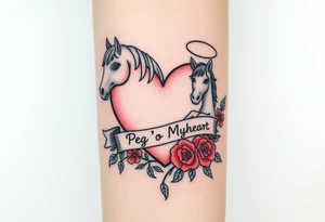 a big pale pink heart and a mare with wings and a halo and a colt with a bunch of green shamrocks, and red roses with a banner across the heart that says Peg 'o My Heart tattoo idea